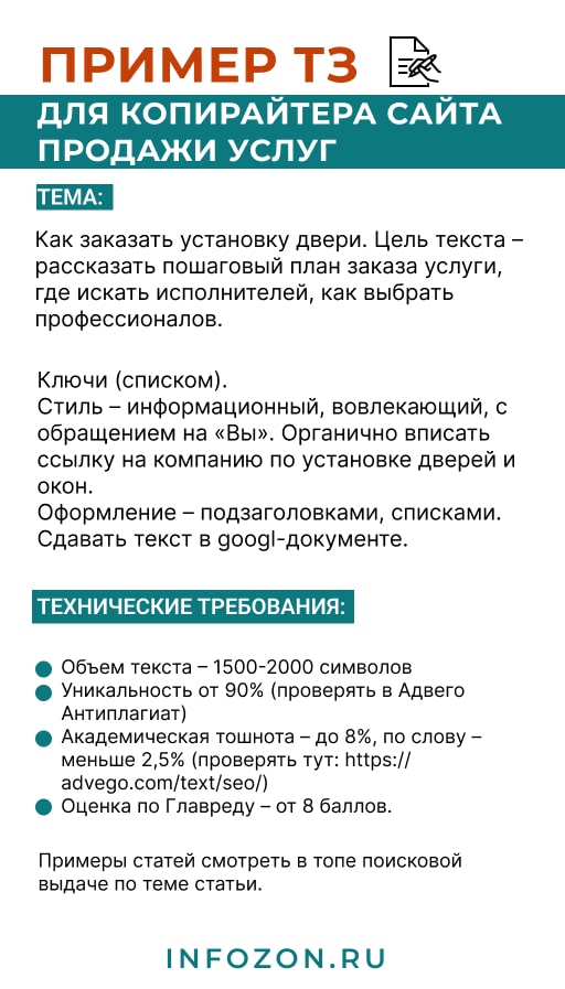 пример тз для копирайтера сайта продажи услуг